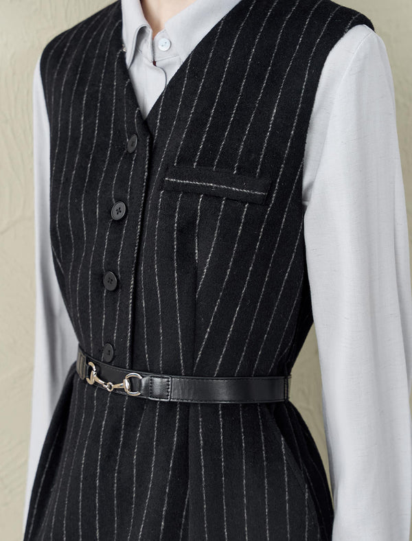 Wool-Blend V-Neck Pinstripe Sleeveless Midi Dress