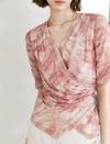 Tie Dye V-Neck Wrap Elbow Sleeve Top