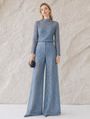 Dusty Blue Floral Lace High Neck Long Sleeve Top