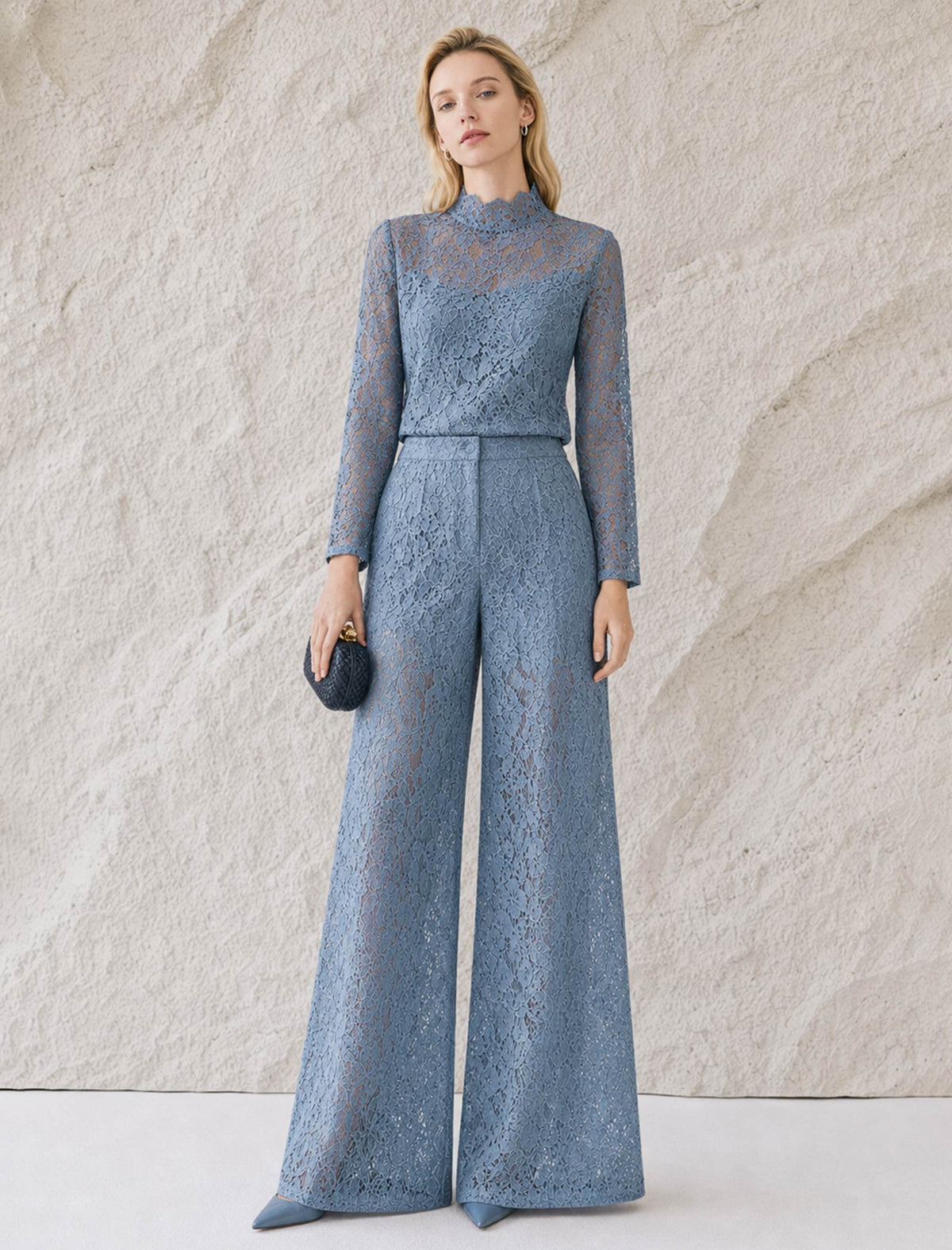 Dusty Blue Floral Lace High Neck Long Sleeve Top