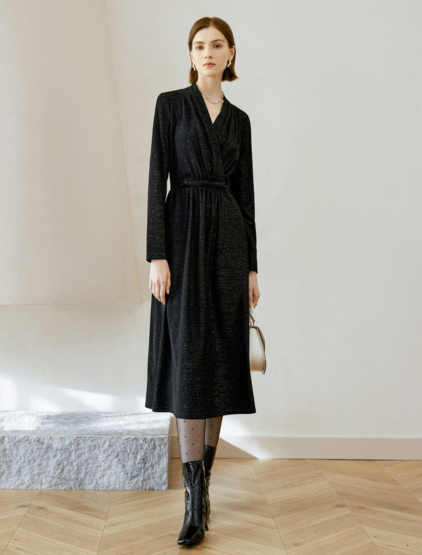 Glitter V-Neck Wrap Midi Dress