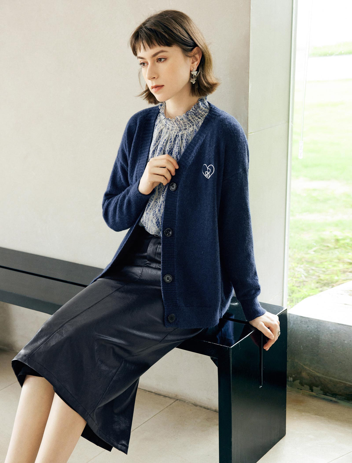 Printed Ruffled Stand Collar Long-Sleeve Blouse