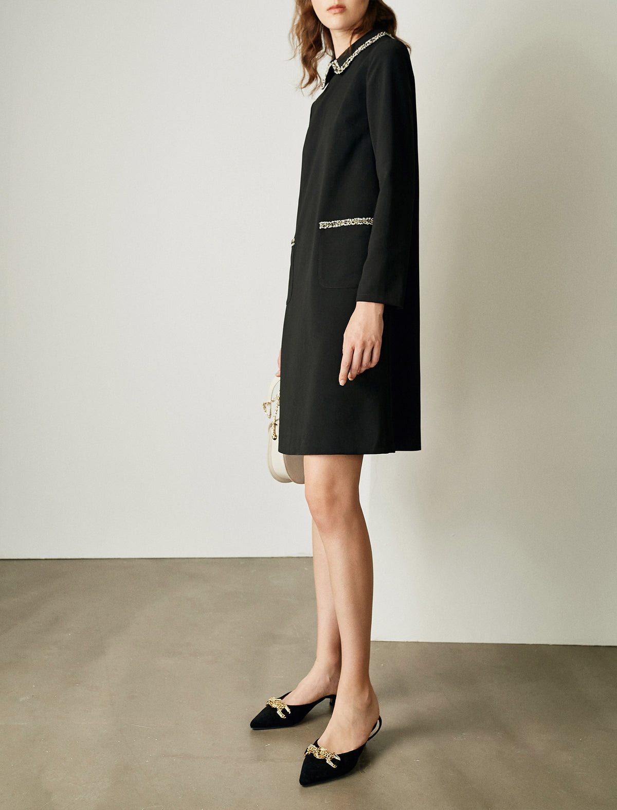 Braided-Trim Long Sleeve Pocket Relaxed Dress