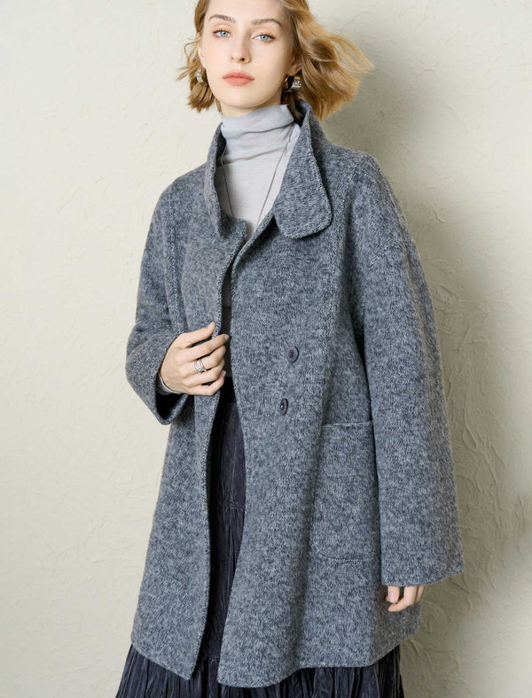 Wool-Alpaca Blend Stand Collar Textured Coat
