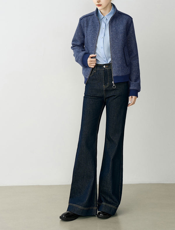 Blue Wool-Blend Zip-Up Jacket