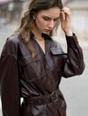 Faux Leather V-Neck Overshirt with Belt