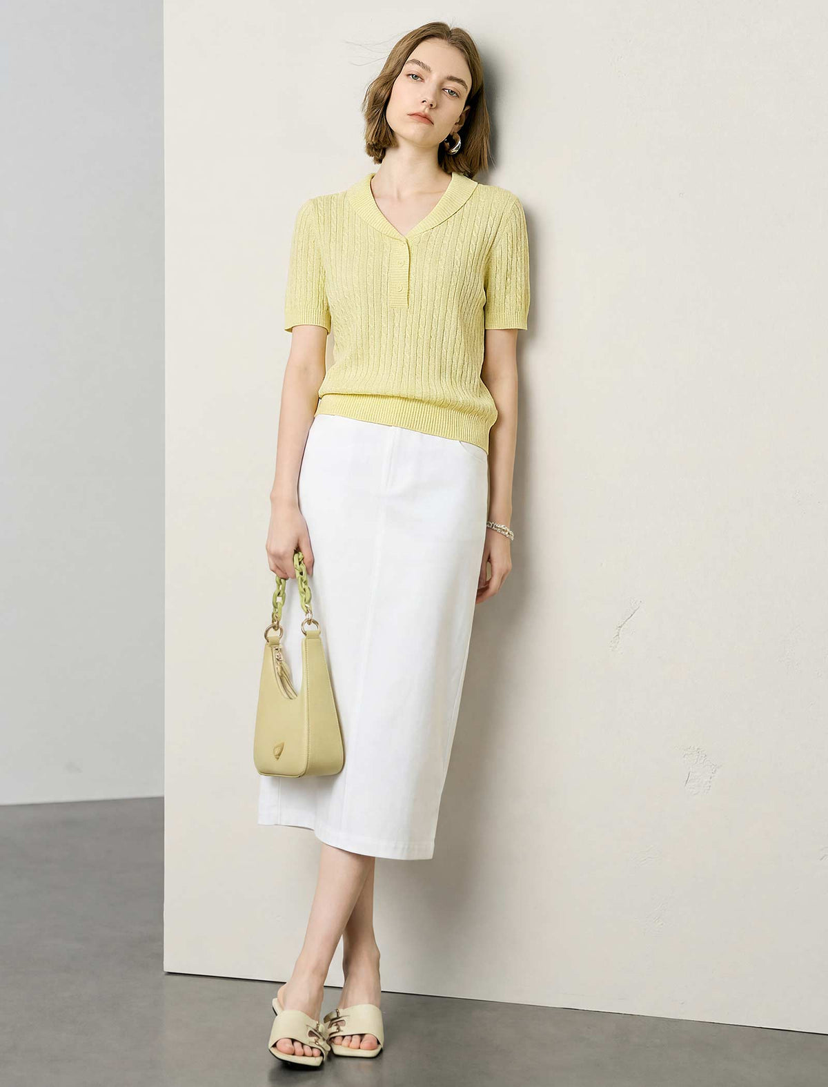 Cable Knit Short-Sleeve Polo Top
