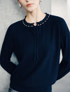 Vintage Pearl Trim Tie Neck Knit Top