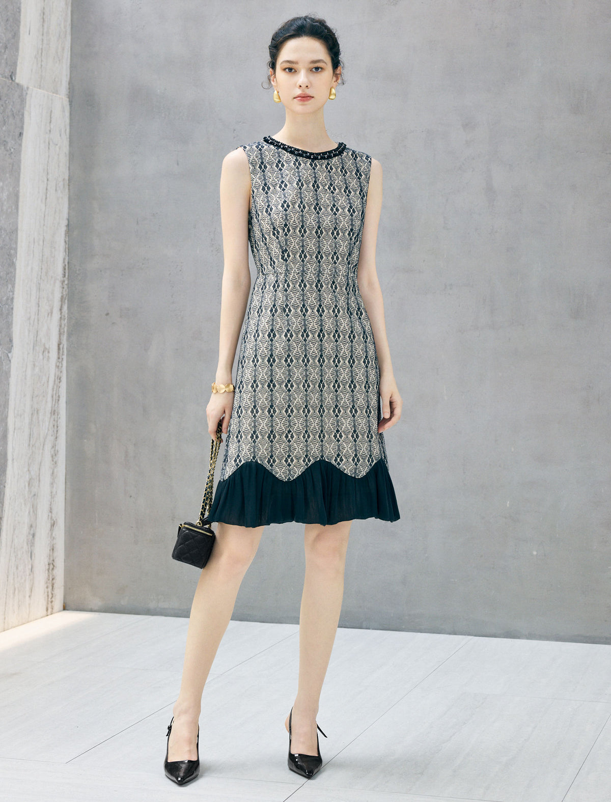 Beaded Crewneck Textured Sleeveless Flounce Hem Dress