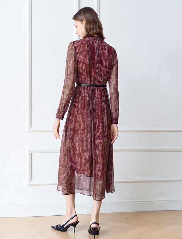 Tie-Neck Striped Print Midi Dress