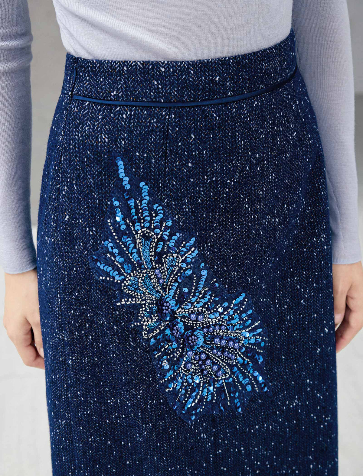 Wool Blend Beaded High-Waist Straight Midi Skirt