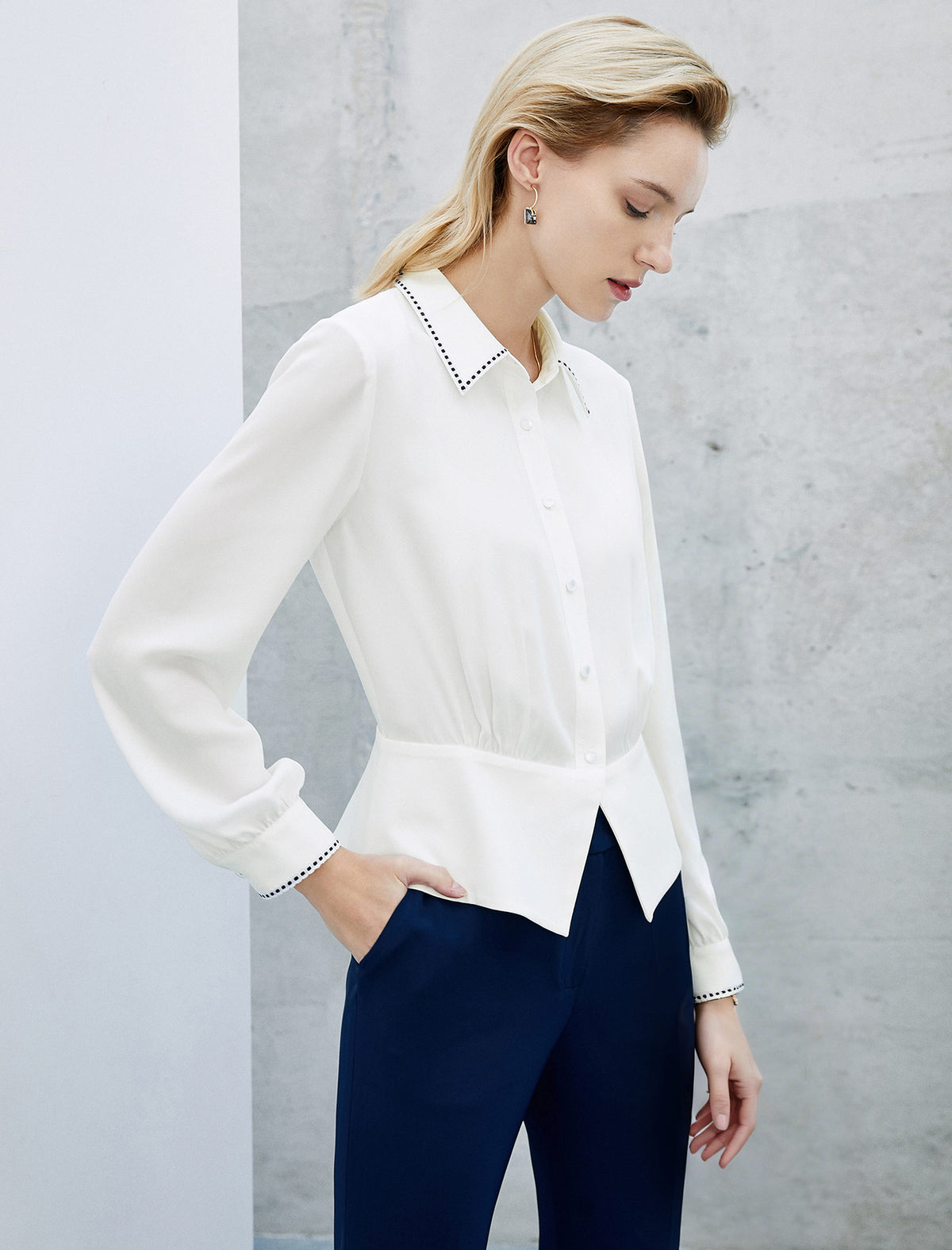Collared Contrast Trim Peplum Waist Blouse