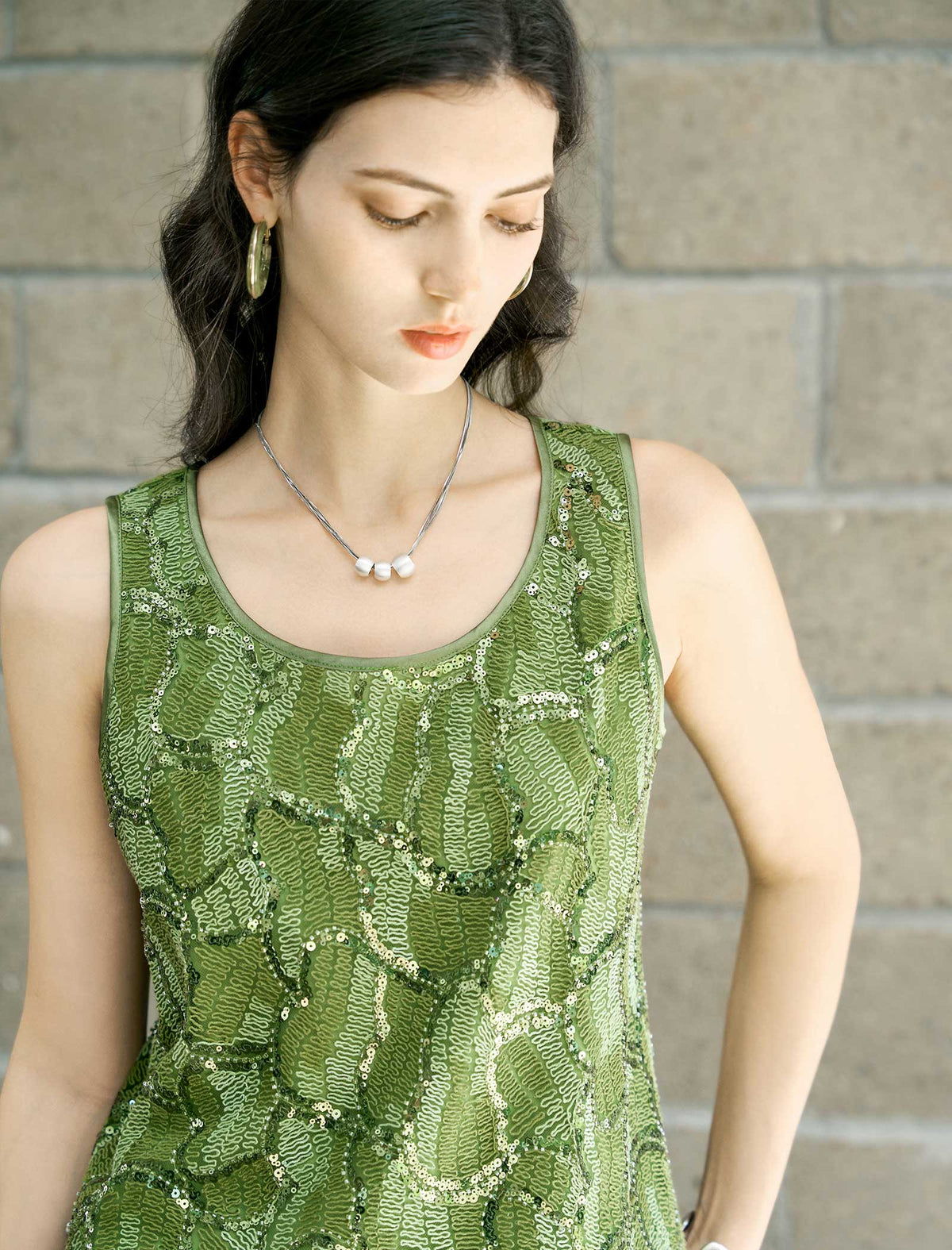 Olive Green Sequin Sleeveless Top