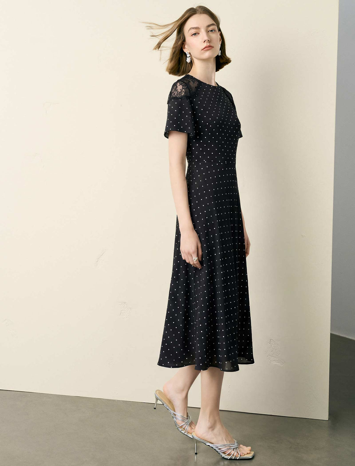 Black Polka Dot Lace-Shoulder Midi Dress