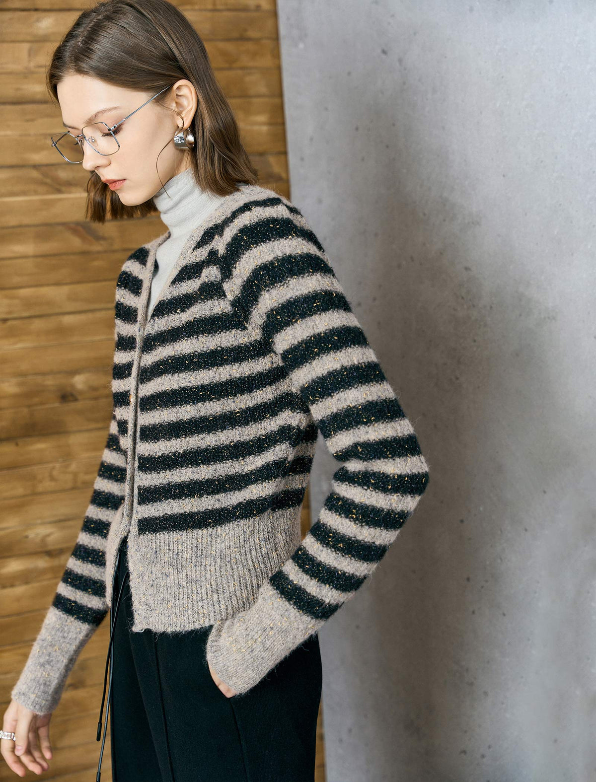 Shimmer Stripe Gold-Tone Button Knit Cardigan