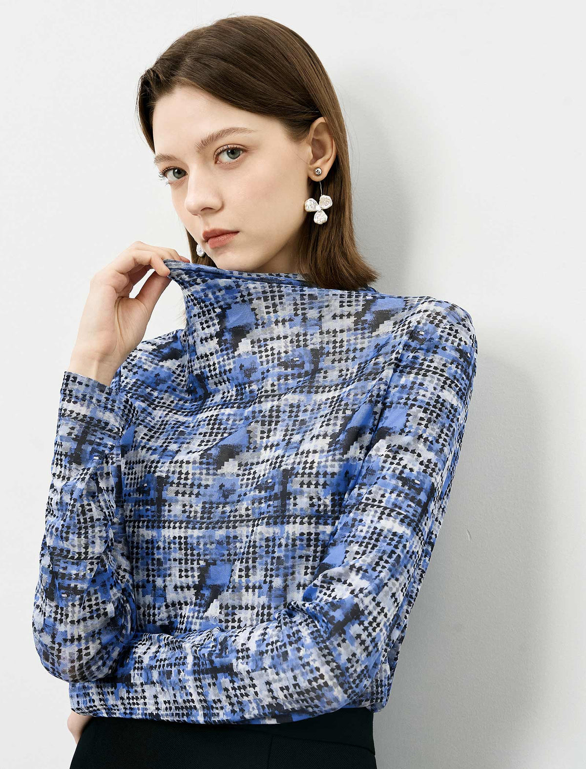 Vintage Print Mesh High Neck Long Sleeve Top
