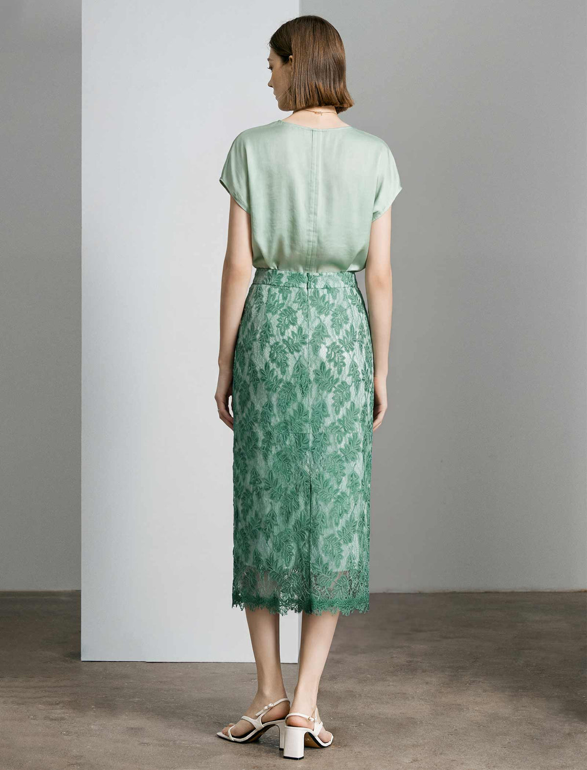 Sage Green Floral Leaf Lace High Waist Pencil Midi Skirt