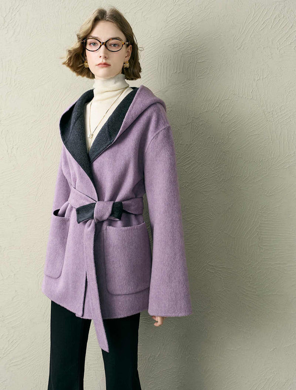 Lilac Wool-Blend Self-Tie Hooded Coat