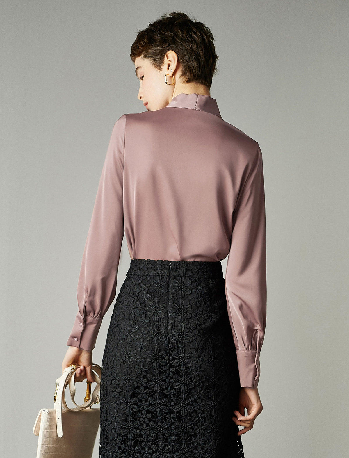 Satin Bow‑Tie Stand‑Collar Long‑Sleeve Blouse