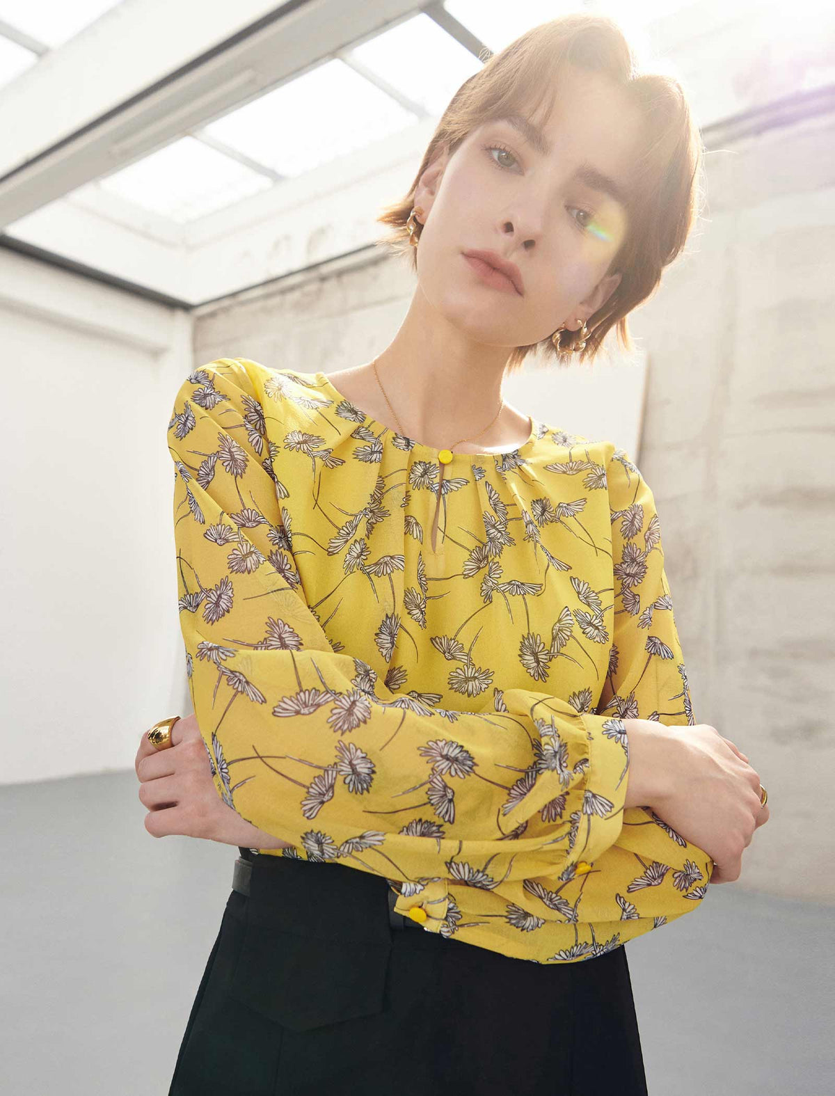 Bright Yellow Floral Sheer Blouse