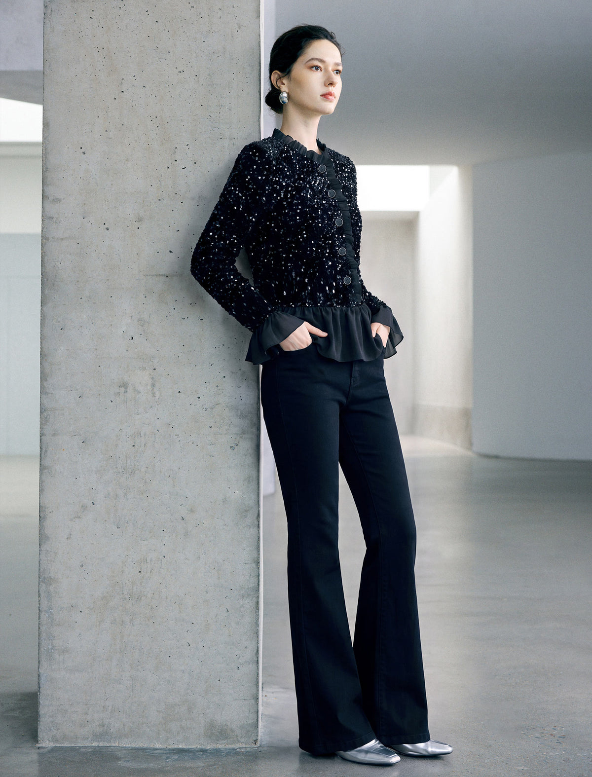 Embellished Peplum Long Sleeve Top