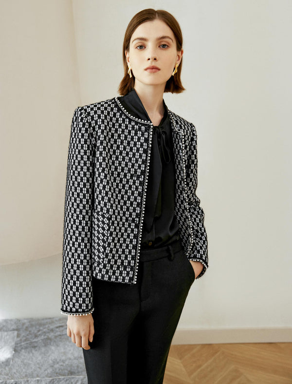 Checkered Round Neck Short Wool Coat