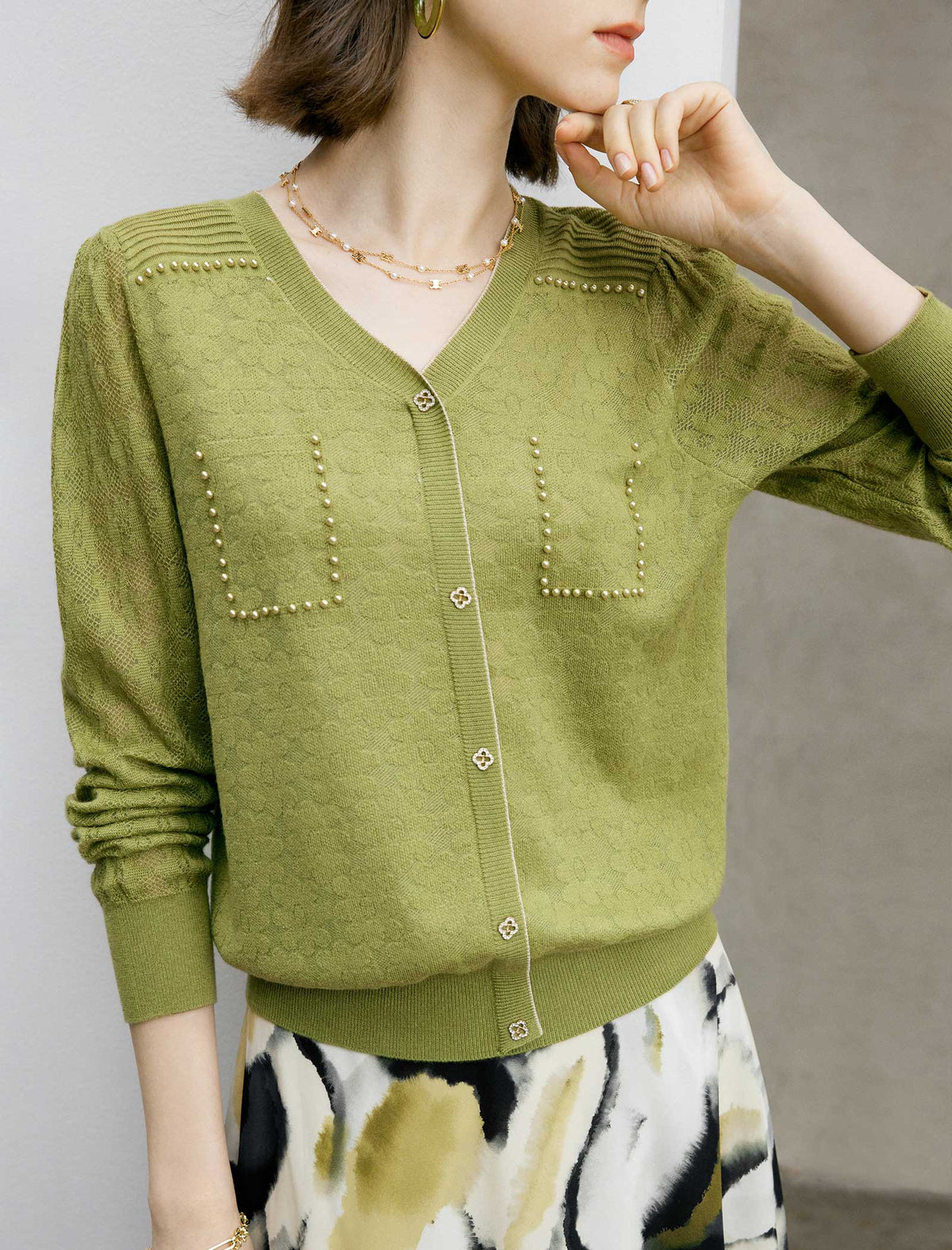 Wool Mulberry Silk Blend V-Neck Button Cardigan