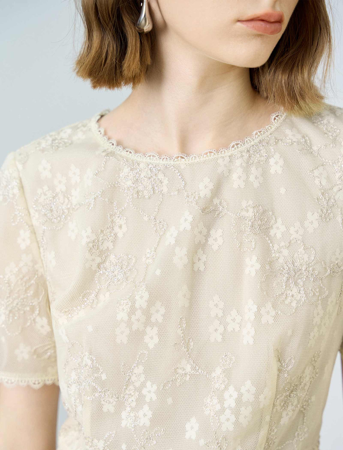 Cream Floral Embroidered Mesh Ruffle Hem Dress