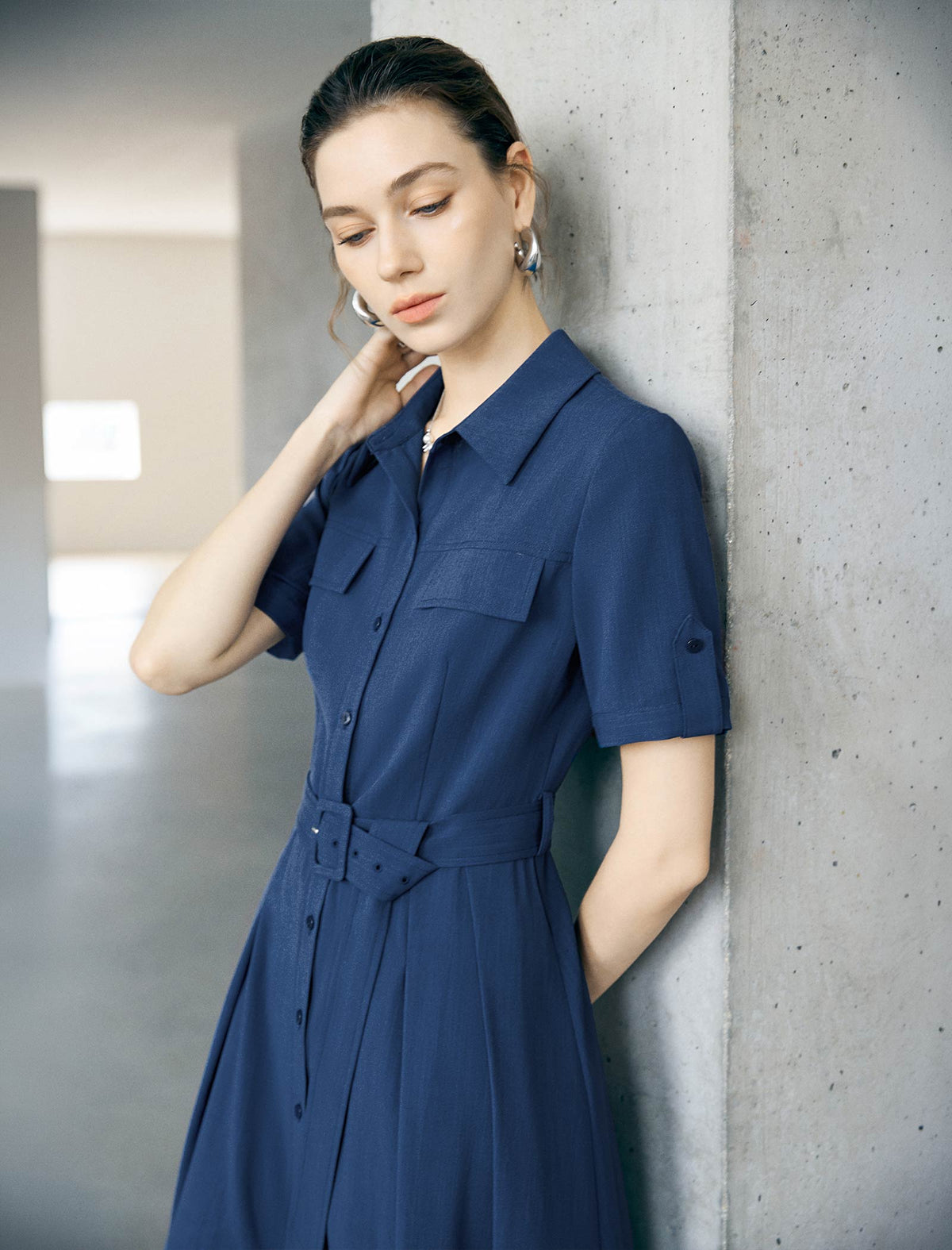 Navy Blue Linen Blend Belted Shirt Midi Dress
