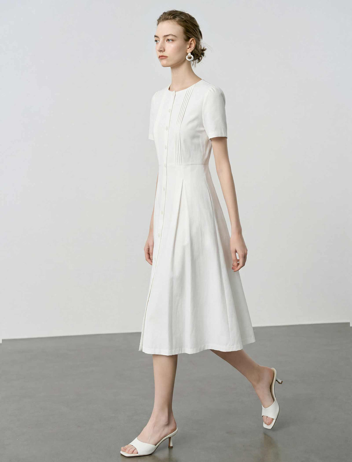Round Neck Puff Sleeve Midi Shirt Dress