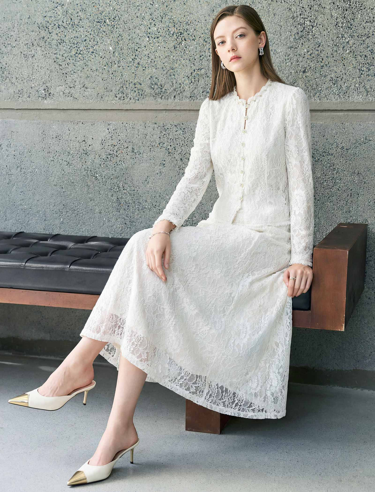Beaded‑Trim Lace Long‑Sleeve Top