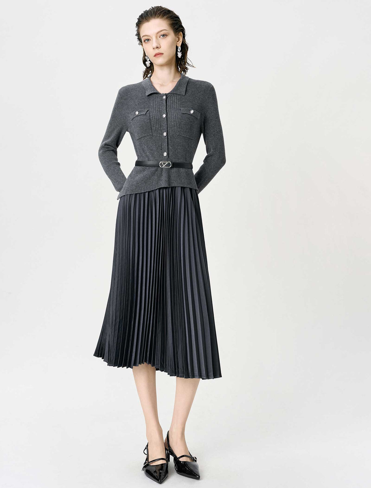 Wool-Blend Knit And Pleated Midi Dress