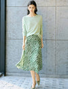 Green Abstract Print Pleated Midi Skirt