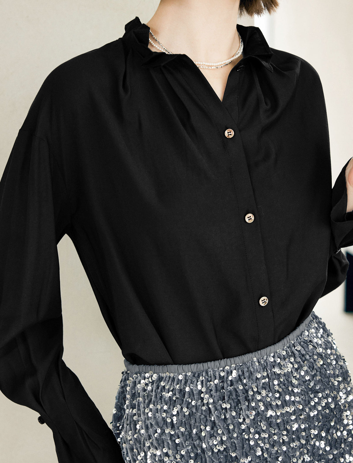 Ruffle Collar Long Sleeve Button Front Blouse