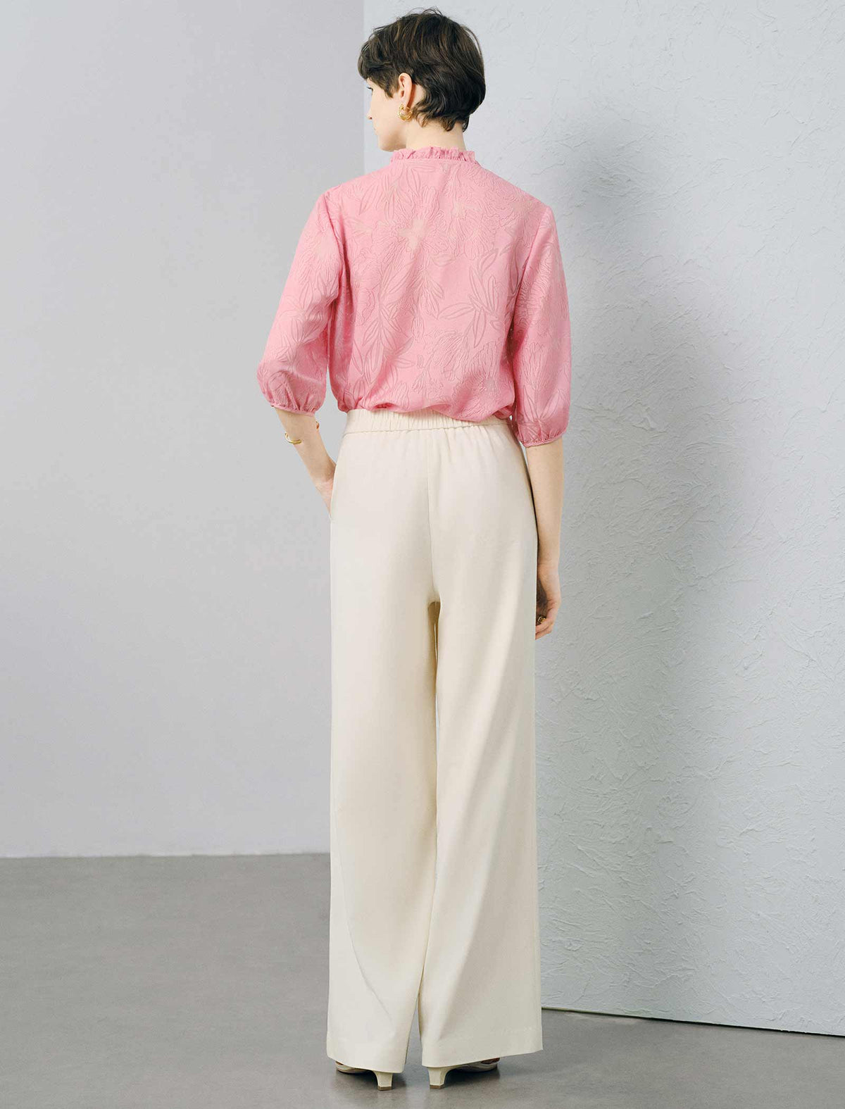 Pink Floral Jacquard Ruffle Neck Blouse