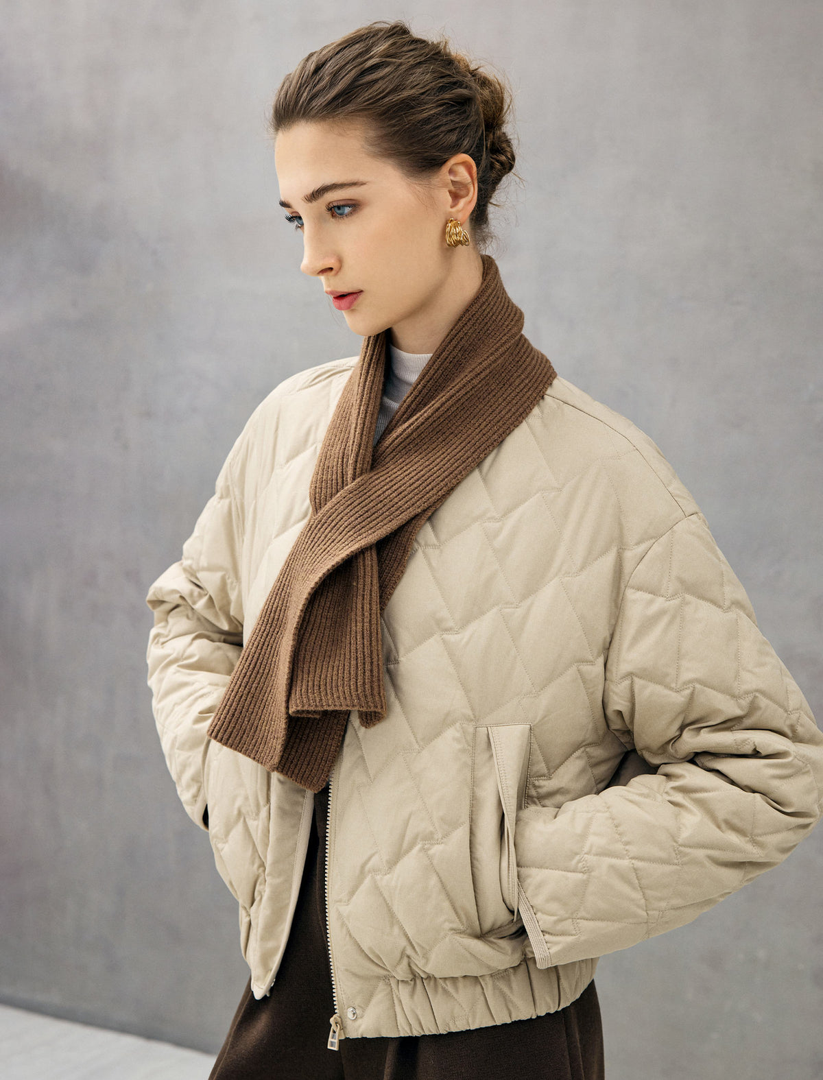 Diamond-Quilted Baseball-Collar Drawstring Cropped Puffer Jacket