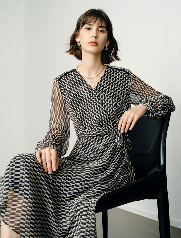 Checkered Wrap V-Neck Midi Dress