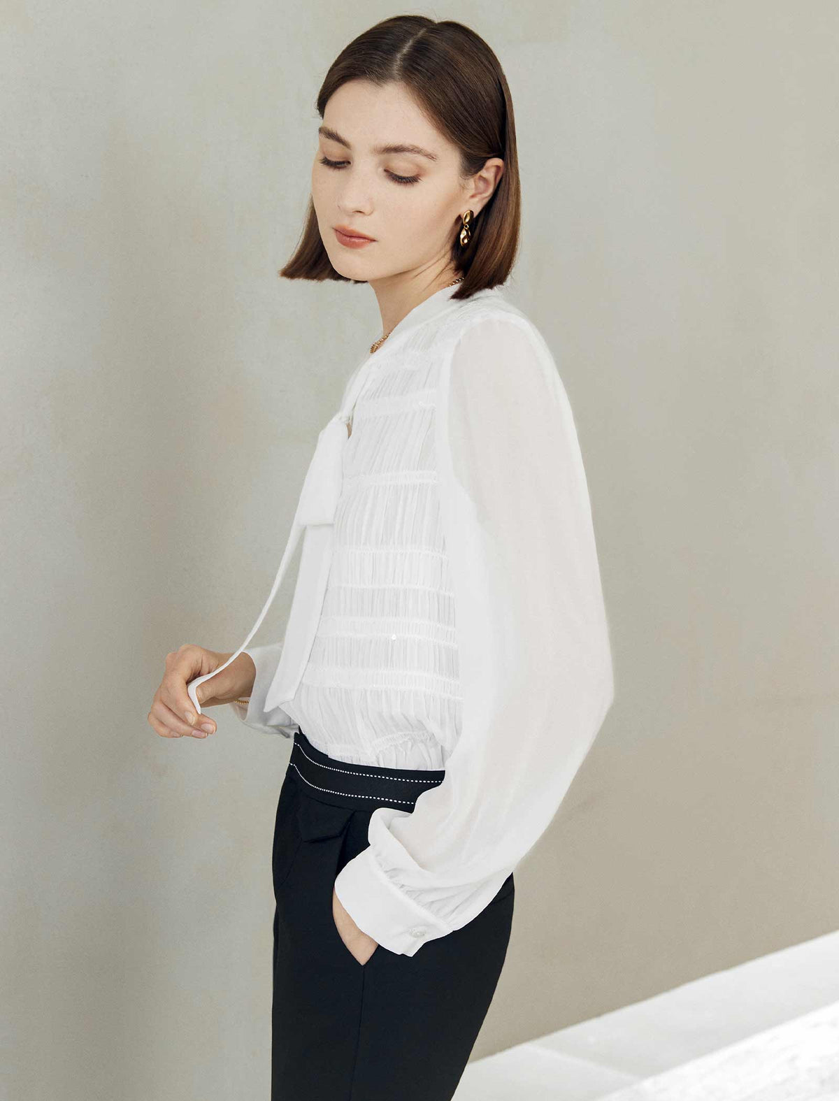 White Ruched Tie-Neck Blouse