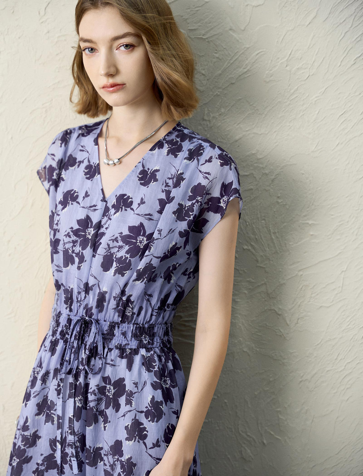 Blue Floral Print V-Neck Midi Dress