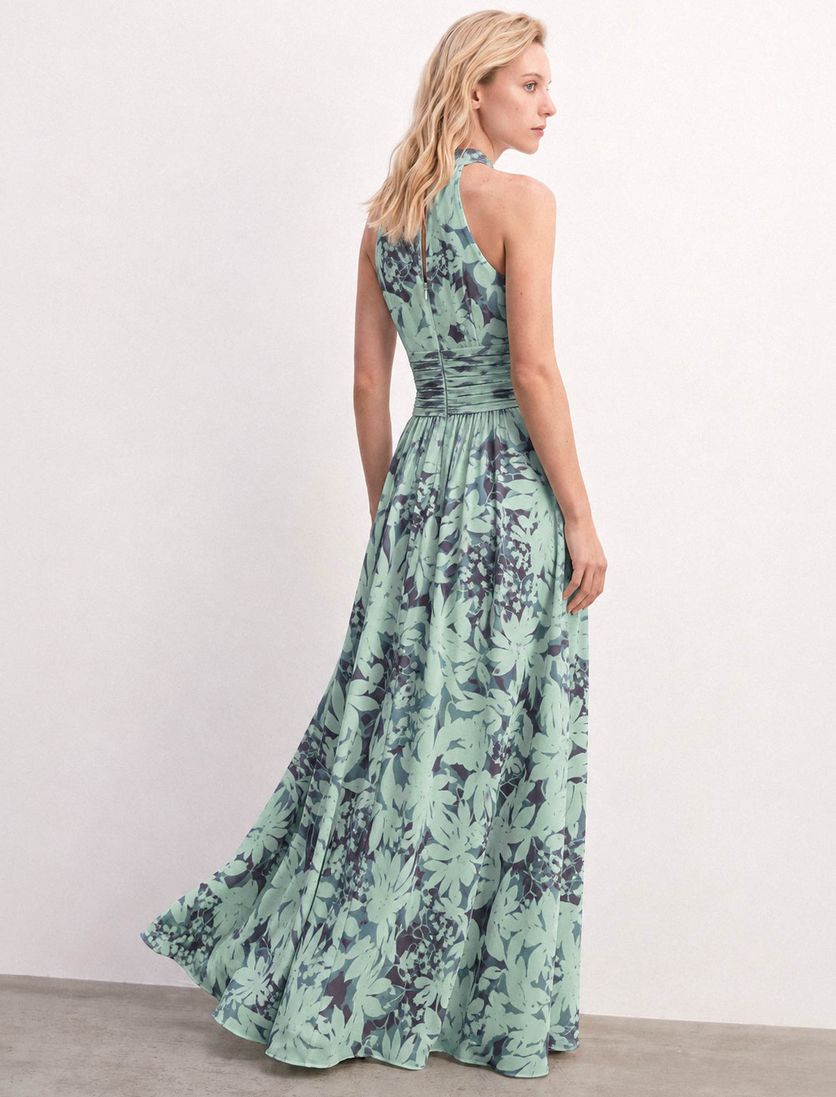 Green Tropical Leaf Print Halter Maxi Dress