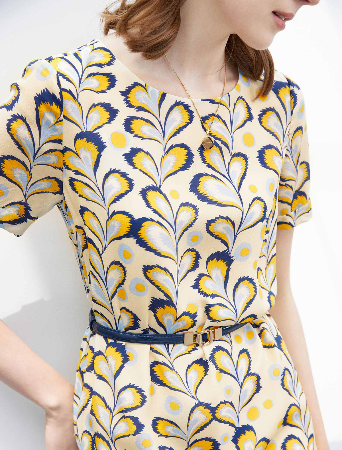 Floral Silk Waist-Cinched Dress