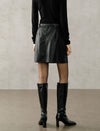 Belted High Waist Black PU Leather A-Line Mini Skirt