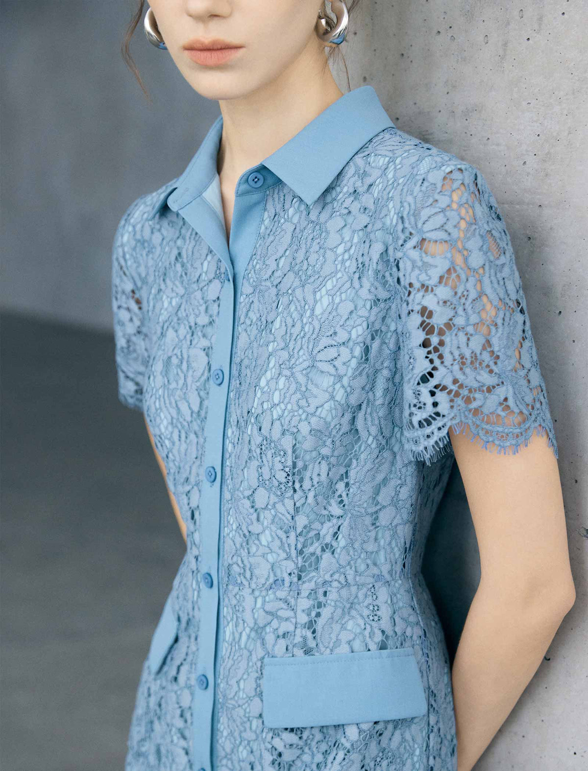 Light Blue Floral Lace Collared Short Sleeve Shirt Midi Dress
