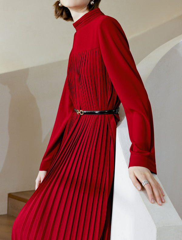 Mock Neck Pleated Midi Dress