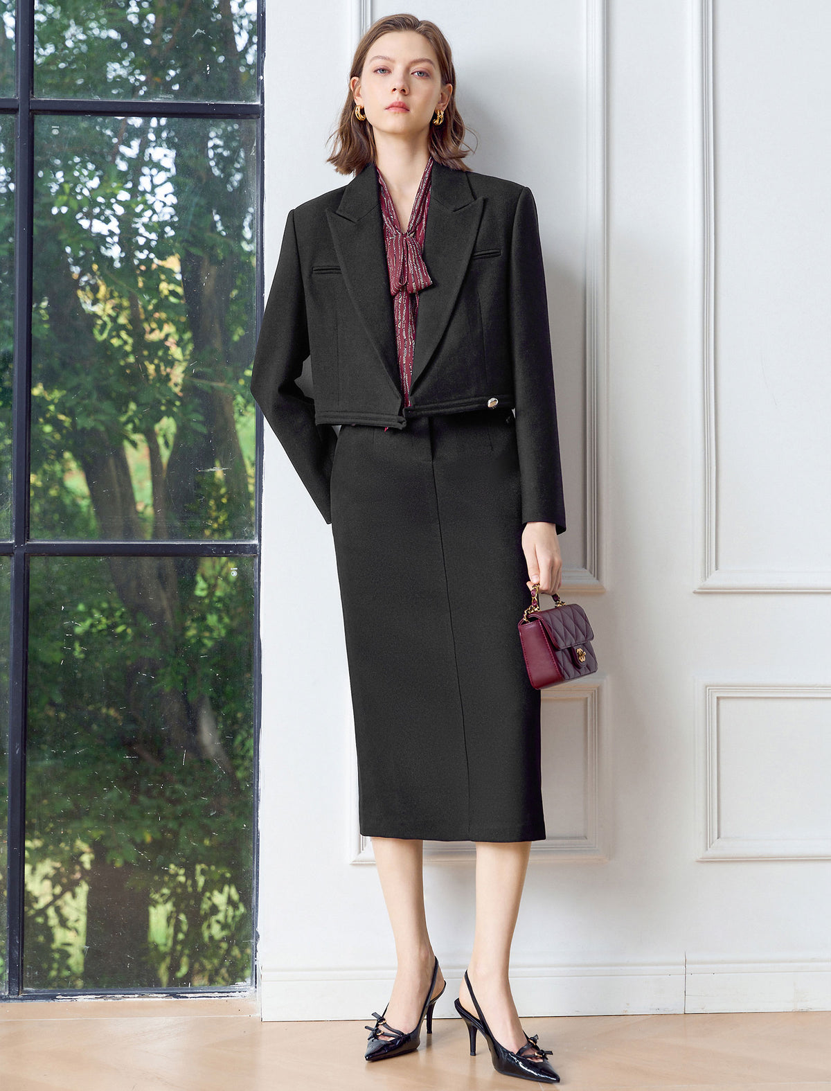 Button Pockets Back Slit High Waist Pencil Skirt