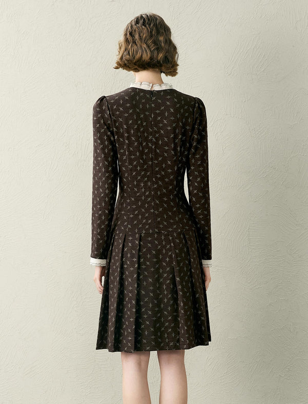 Floral Printed Lace Trim Pleated Mini Dress