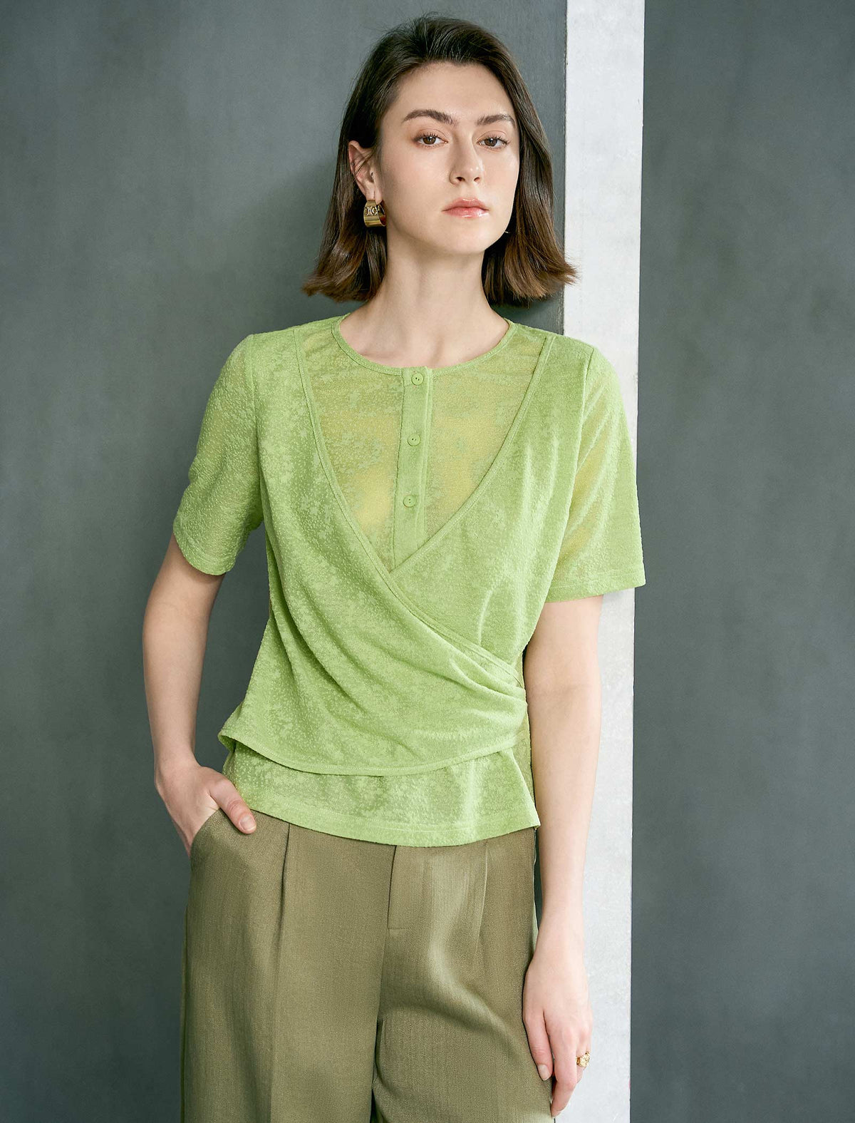 Lime Green Textured Wrap Knit Top