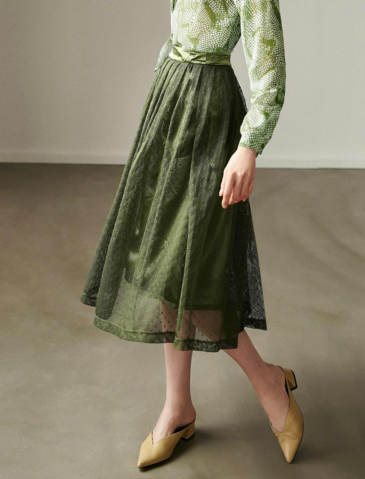 Olive Green Mesh Midi Skirt
