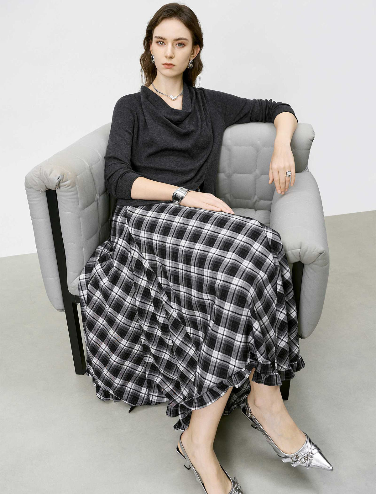 Black And White Plaid Ruffled Midi Skirt