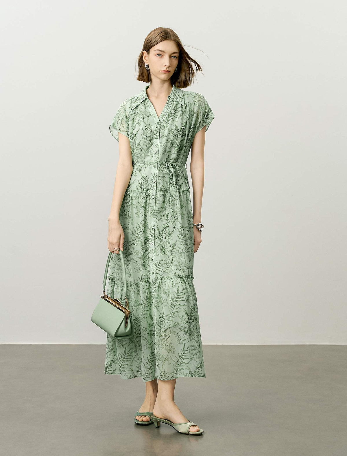 Plant Print Tiered Shirt Dress